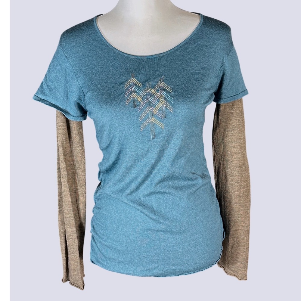 Athleta Merino Wool Top Womens Medium Blue Layered Long Sleeve Embroidered 37263